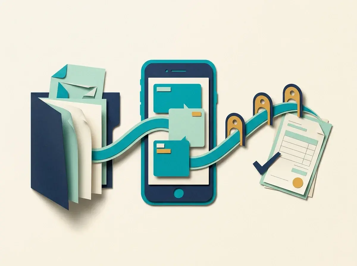A client folder, mobile prototype and invoice joined by a ribbon through three milestone gates