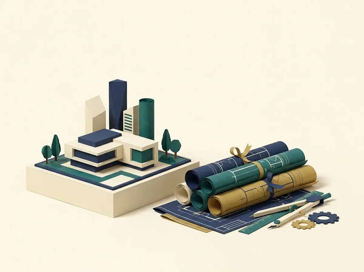An architectural model beside rolled drawings and drafting tools.