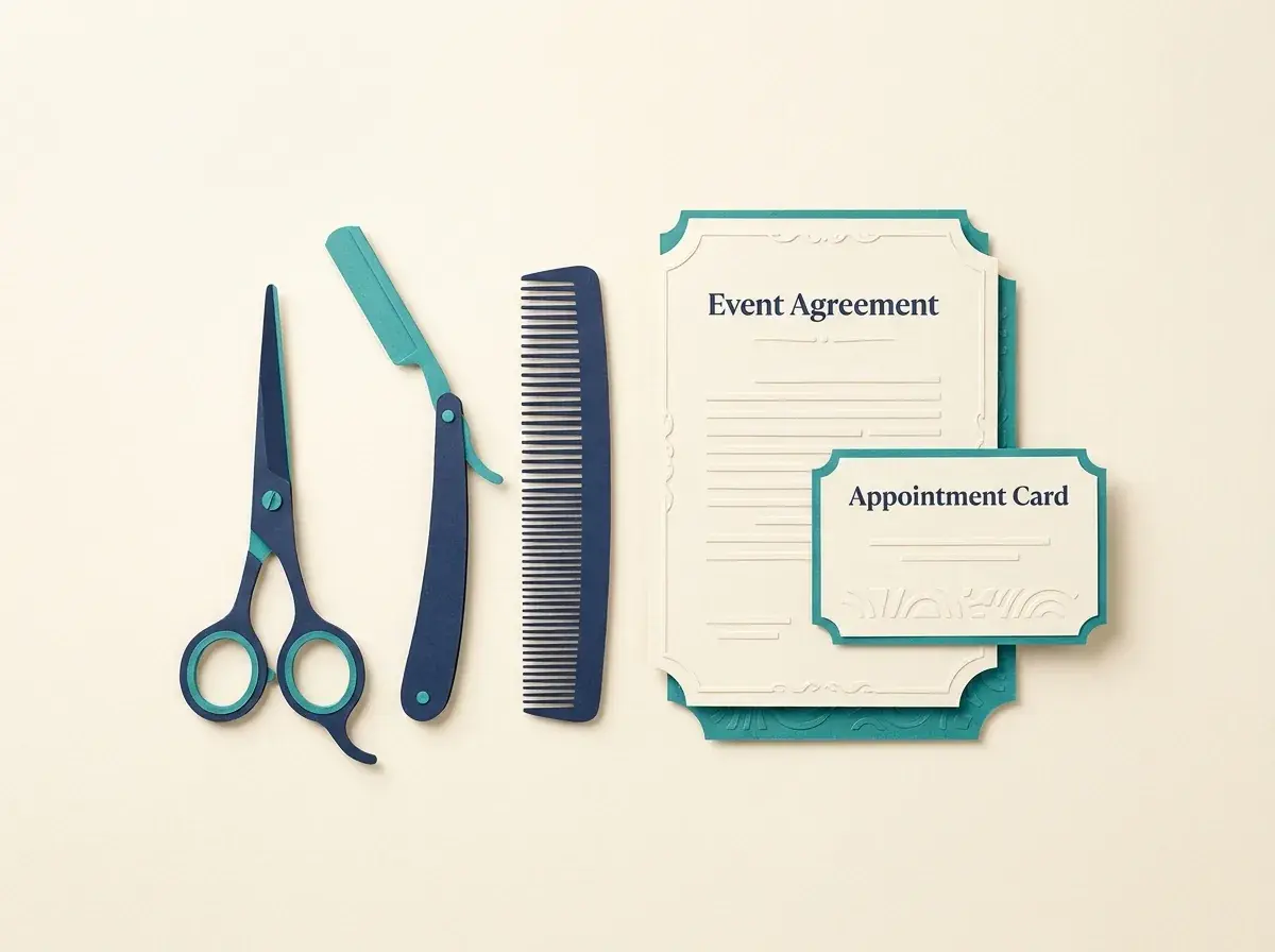 Scissors, a comb and event appointment documents.