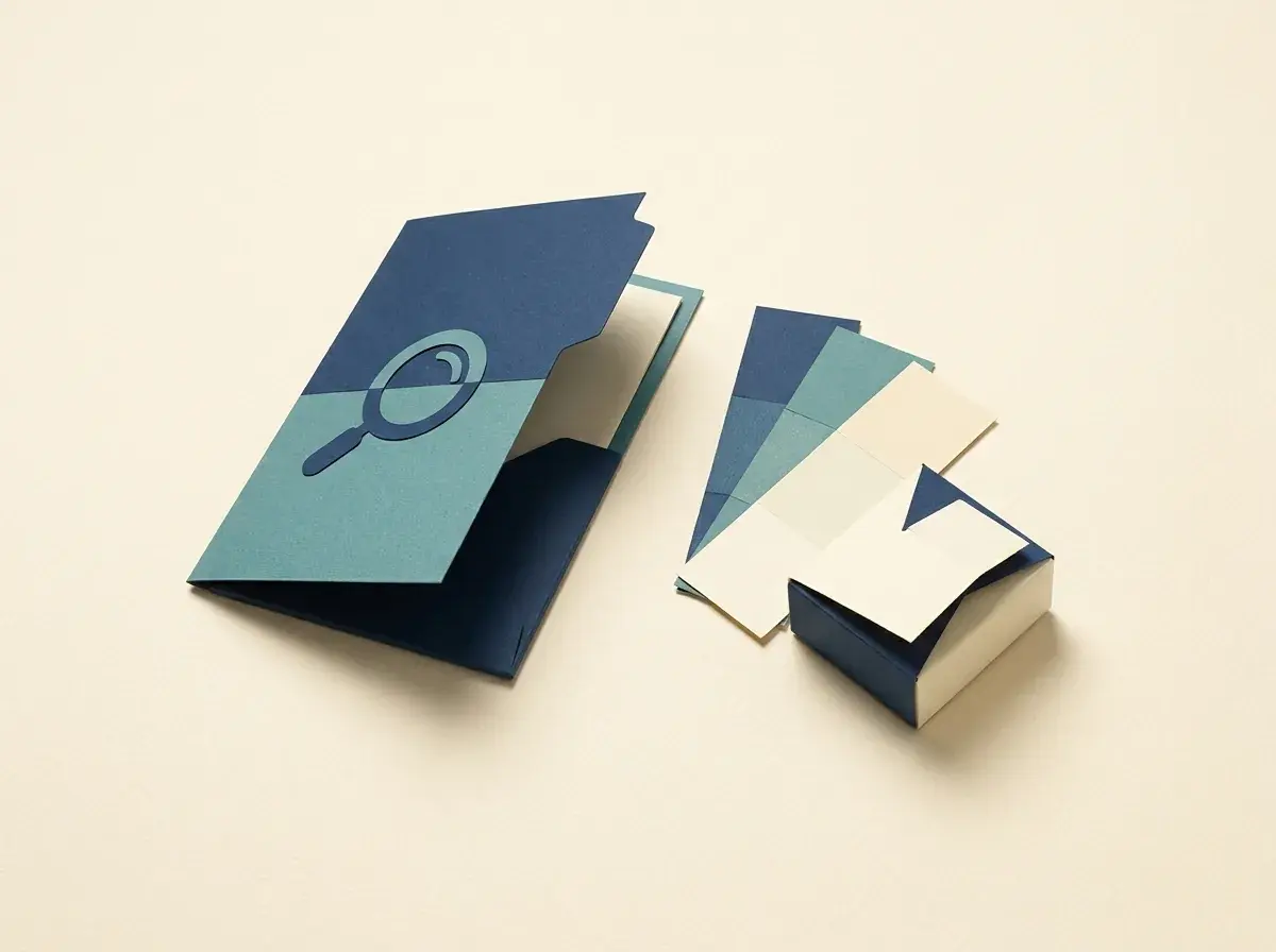 A branding notebook with color swatches and a small paper package prototype.