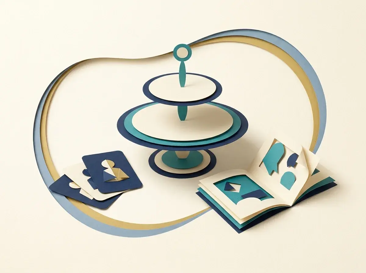 A tiered serving stand beside menu cards and a place setting.
