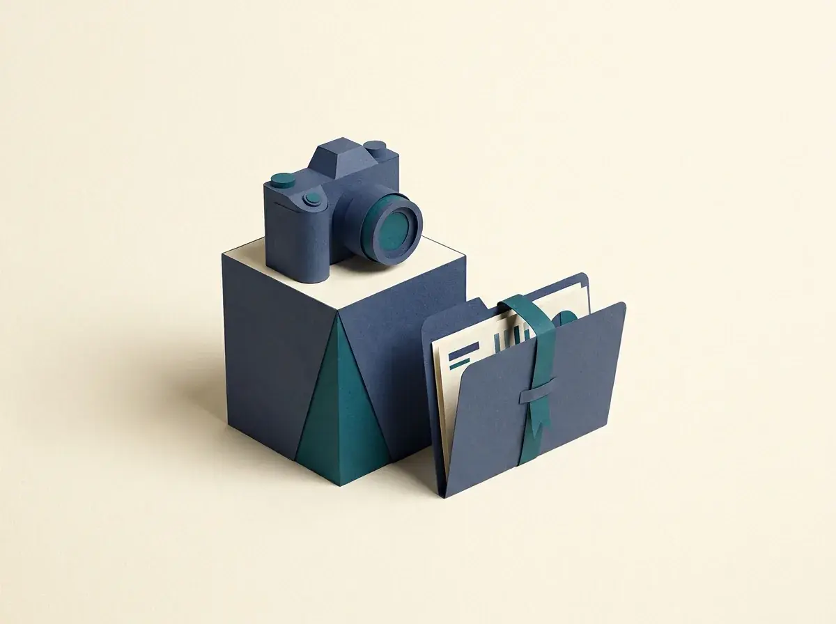 A product camera on a pedestal beside a folder of licensing documents.