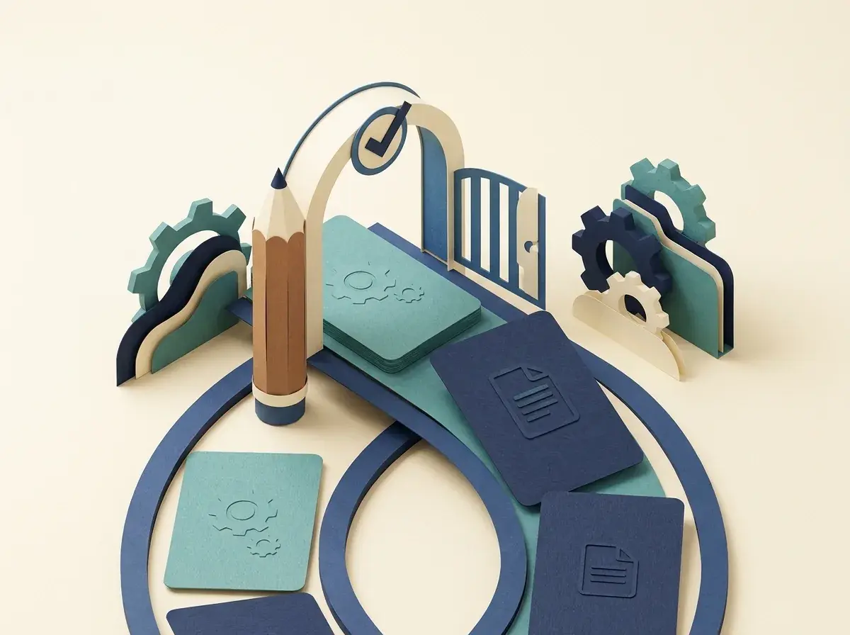Editorial cards travel along a ribbon through a large pencil-shaped arch.