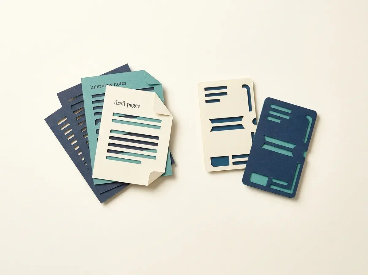 Draft pages and interview notes beside cards representing two audiences.