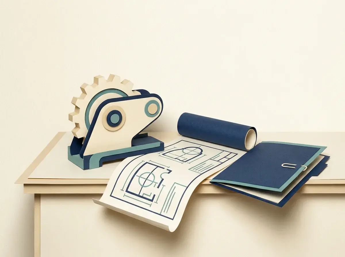 A small machine part, rolled material, technical drawing and client folder.