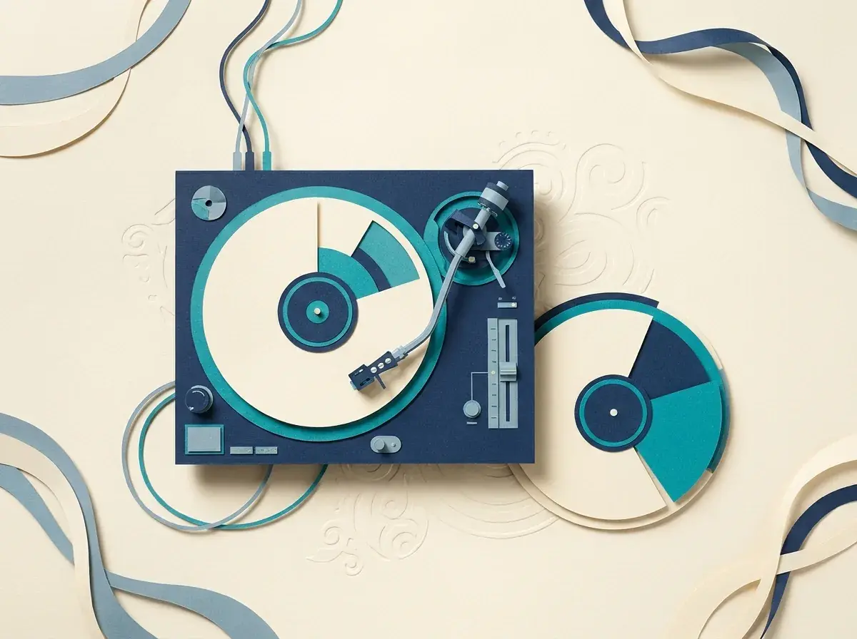 A turntable, records and coiled audio cables.
