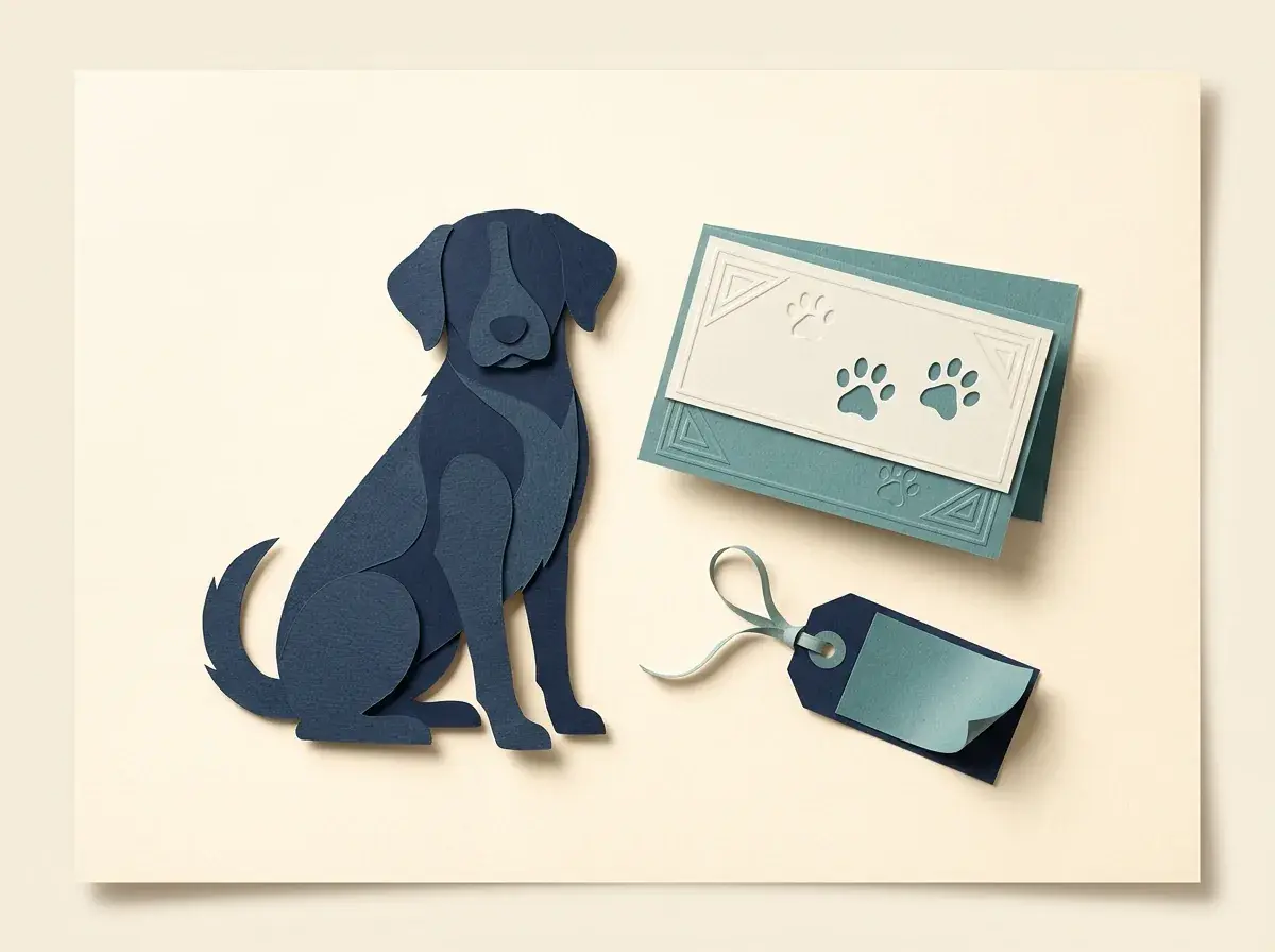 A dog beside appointment cards and a grooming tag.