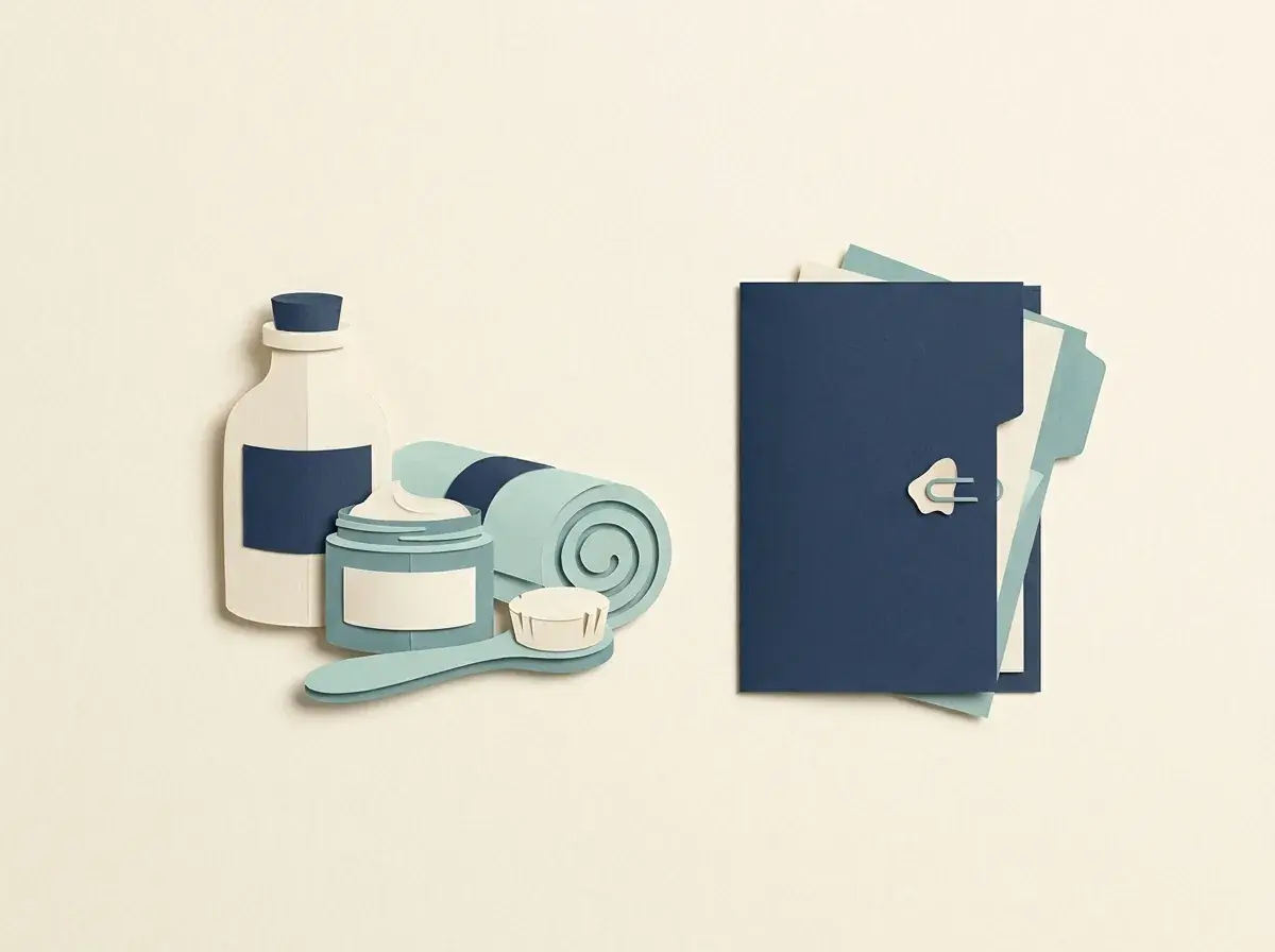Skincare containers and a rolled towel beside a client folder.