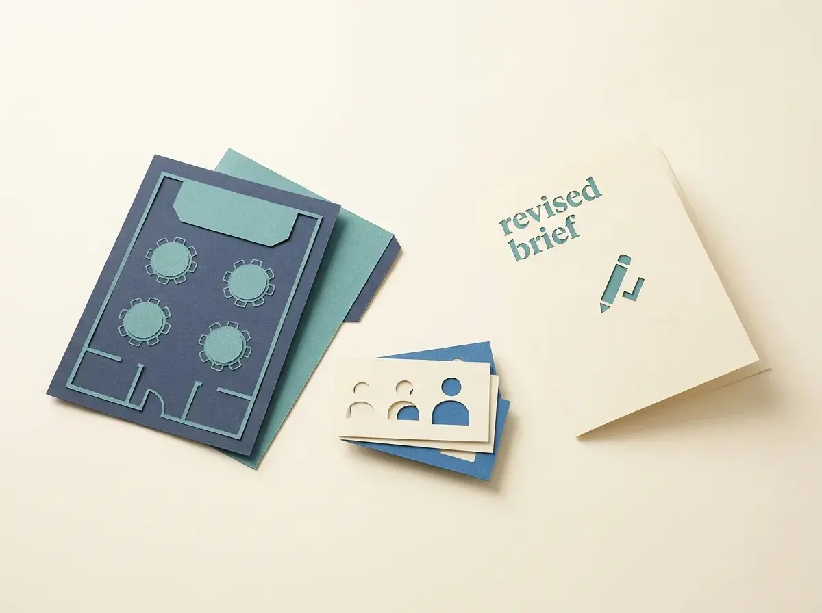 An event floor plan, guest card and revised brief.