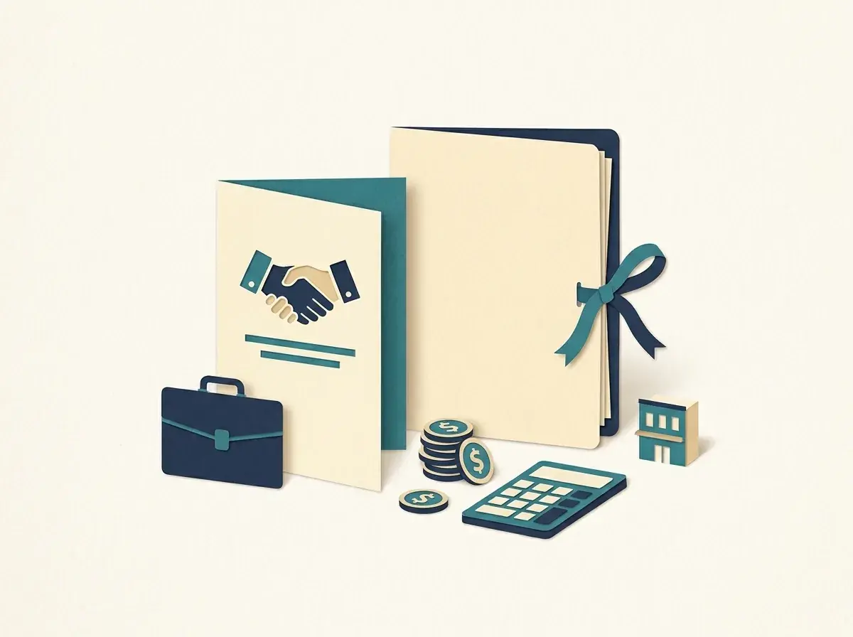 An introductory agreement beside a tied folder, briefcase and financial planning symbols.