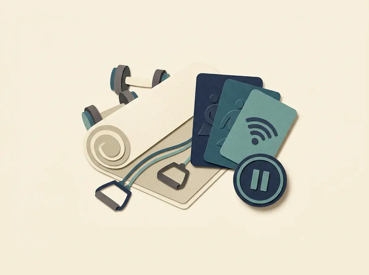 Exercise equipment beside remote-session cards and a pause marker.