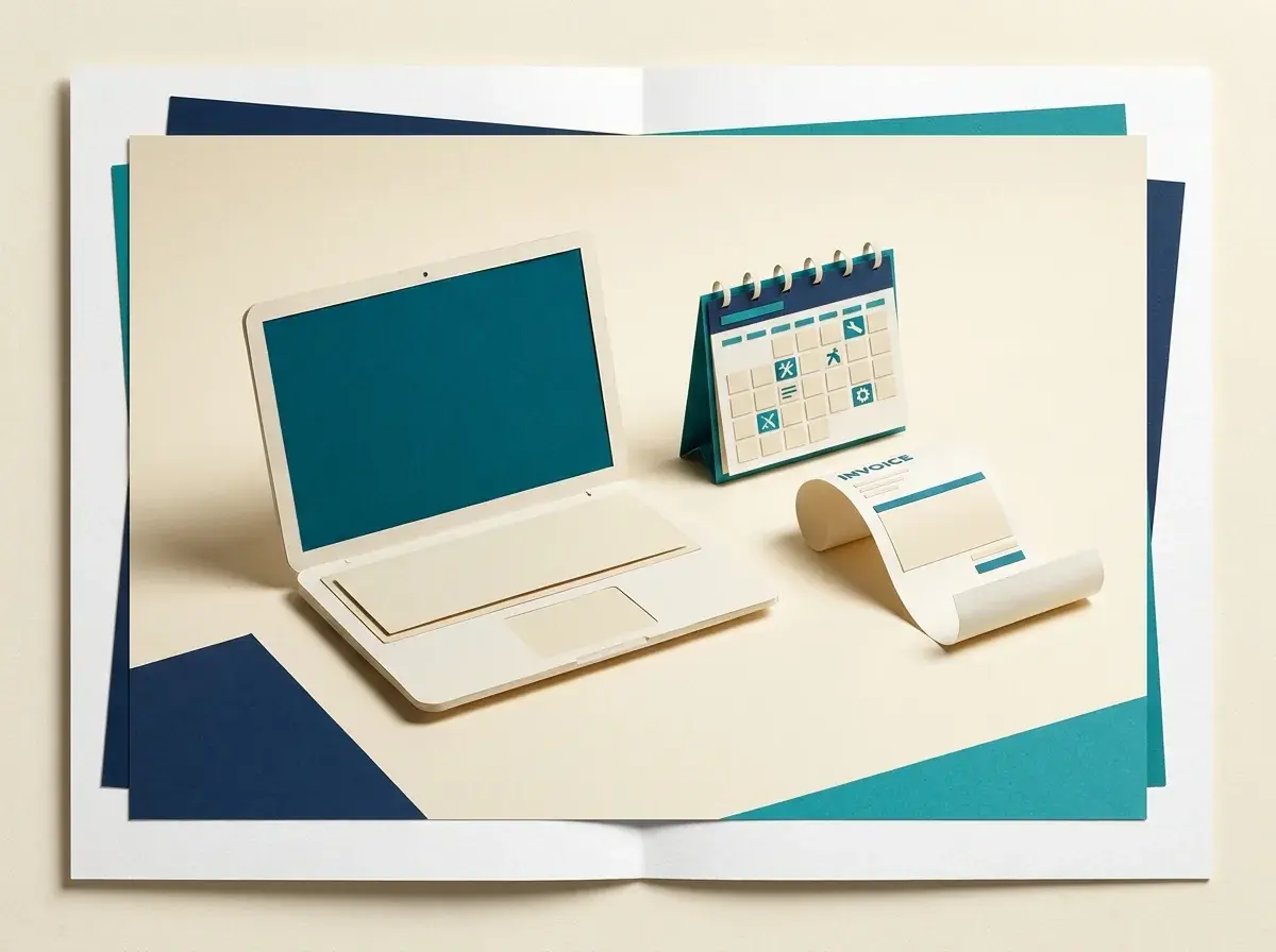 A laptop prototype beside a maintenance calendar and an invoice.