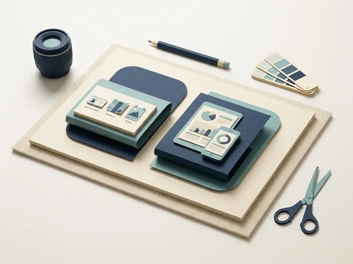 Print and screen design cards arranged on a desk with color swatches and scissors.