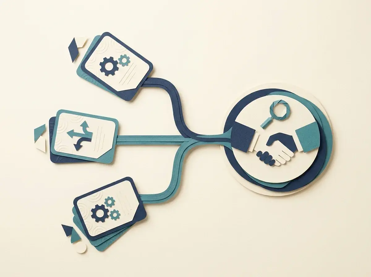 Three experiment cards connect to a circular client decision symbol.