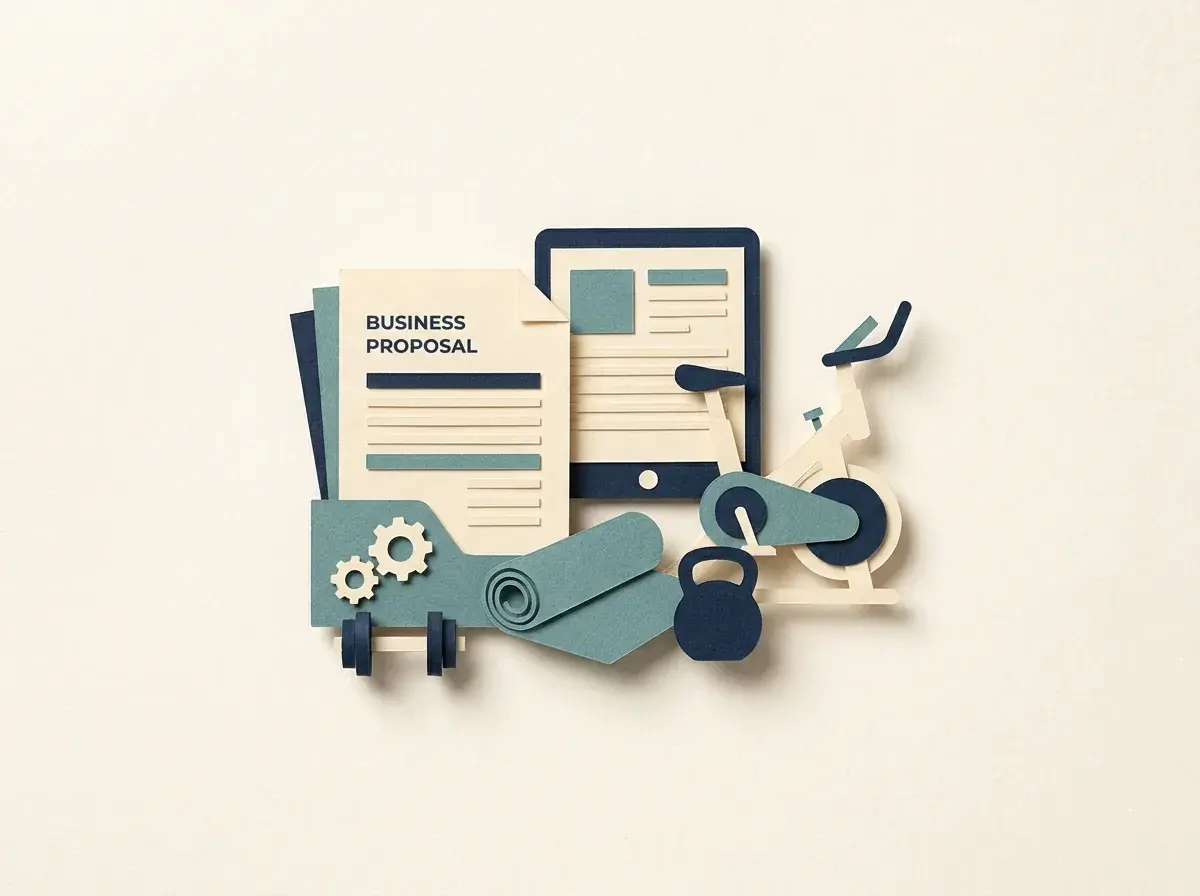 A business proposal and client folder beside gym equipment.
