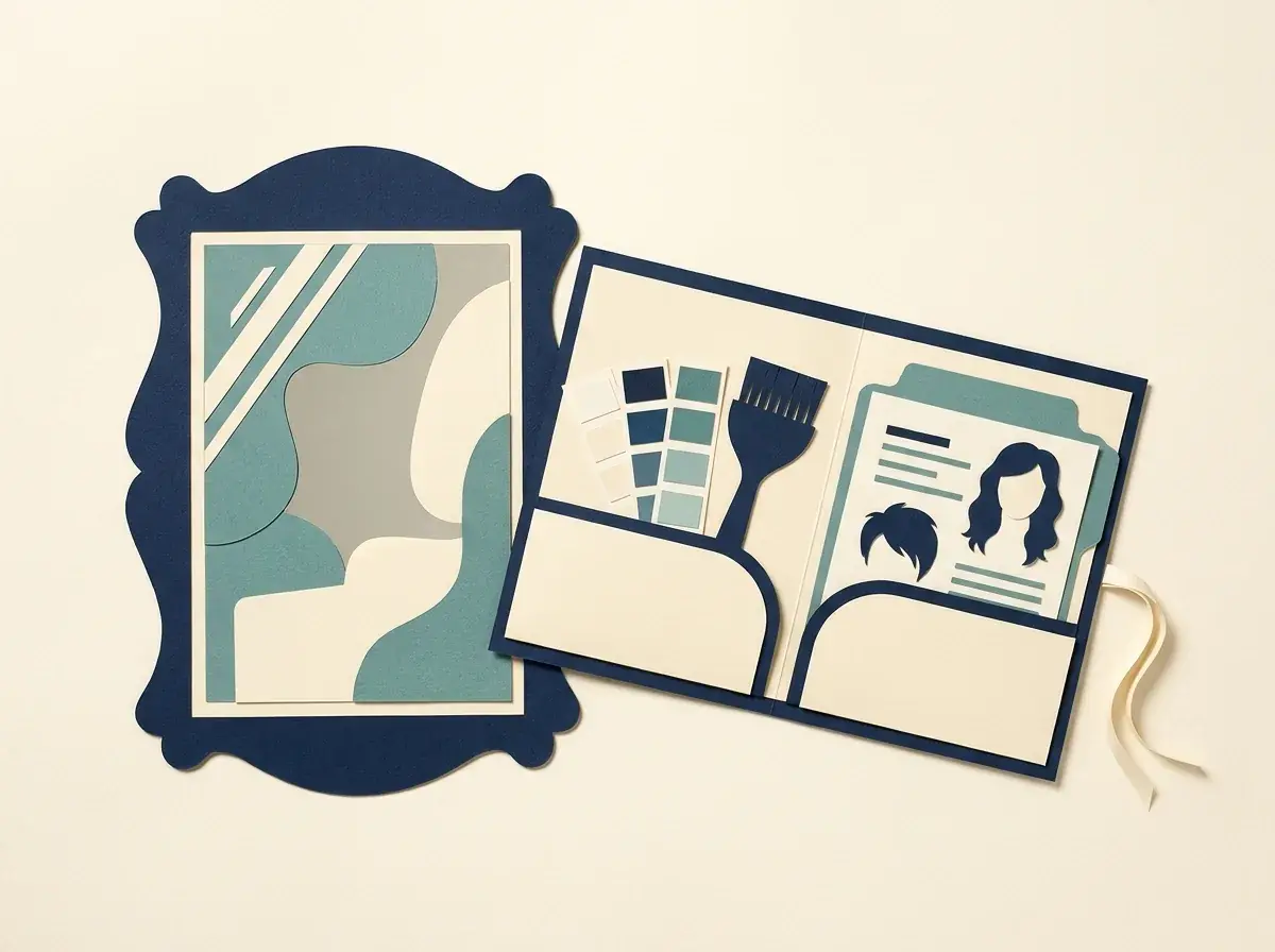 A salon mirror beside a hairstyle book and color swatches.