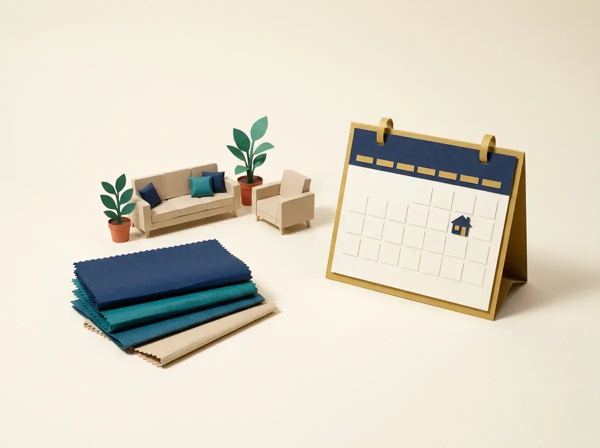 Miniature furniture, fabric swatches and a project calendar.