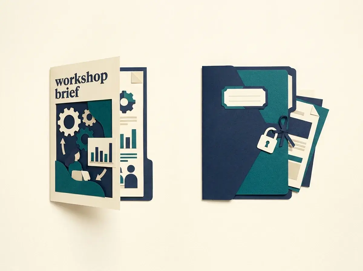 An HR workshop brief beside a separate locked employee folder.