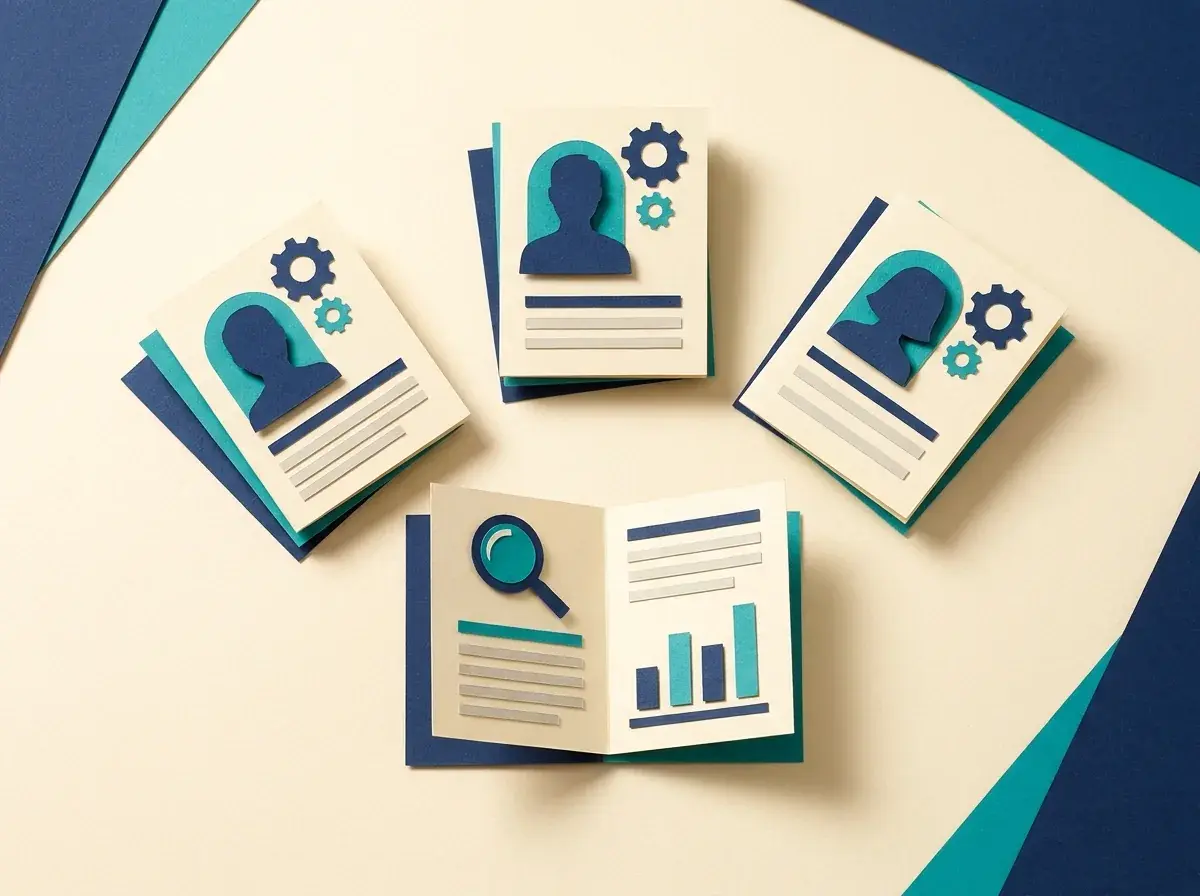 Creator profile cards and a campaign brief arranged around a magnifying glass.