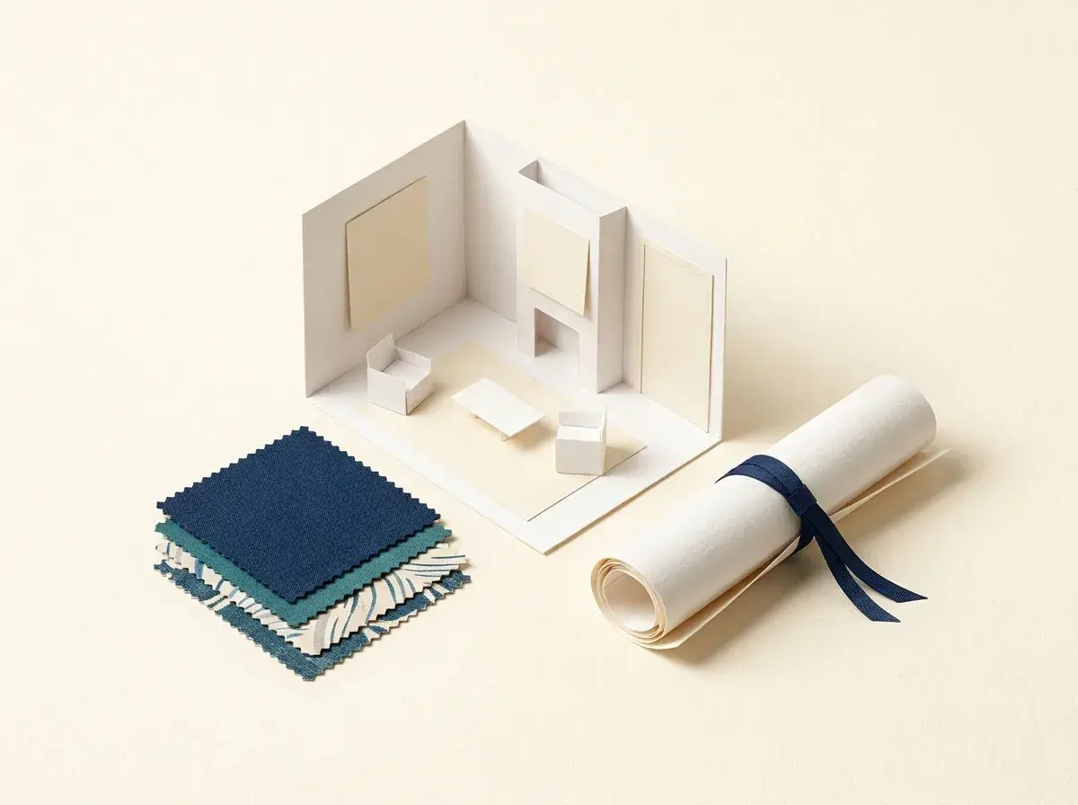 A miniature room, fabric swatches and rolled design plans.