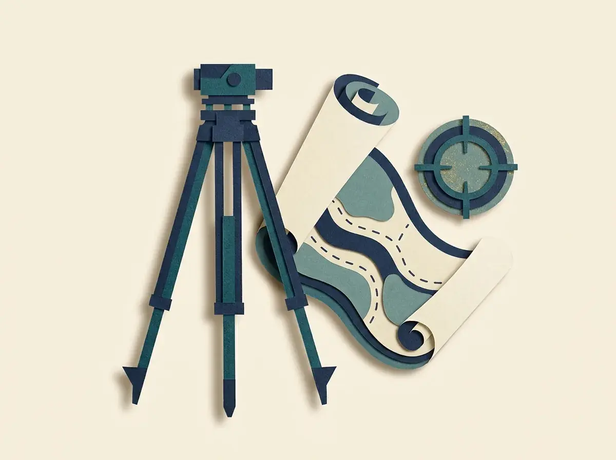A survey instrument on a tripod beside a map and target symbol.