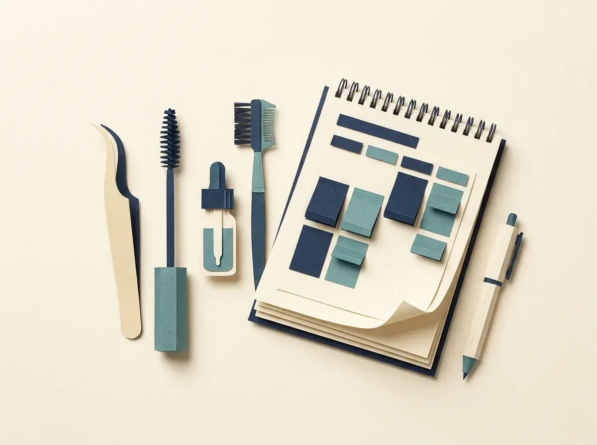 Lash and brow tools beside an appointment calendar.