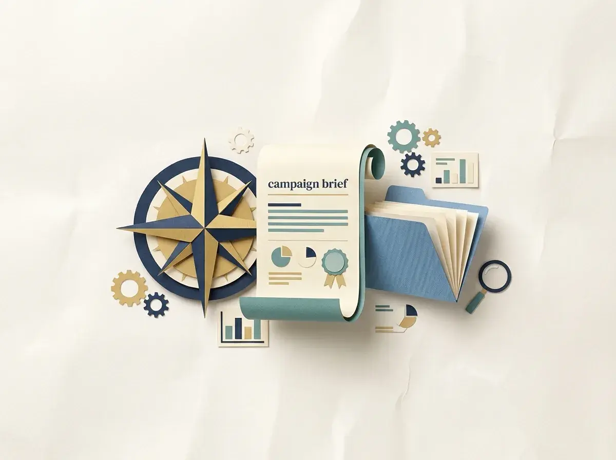 A strategy compass beside a campaign brief and scope documents.