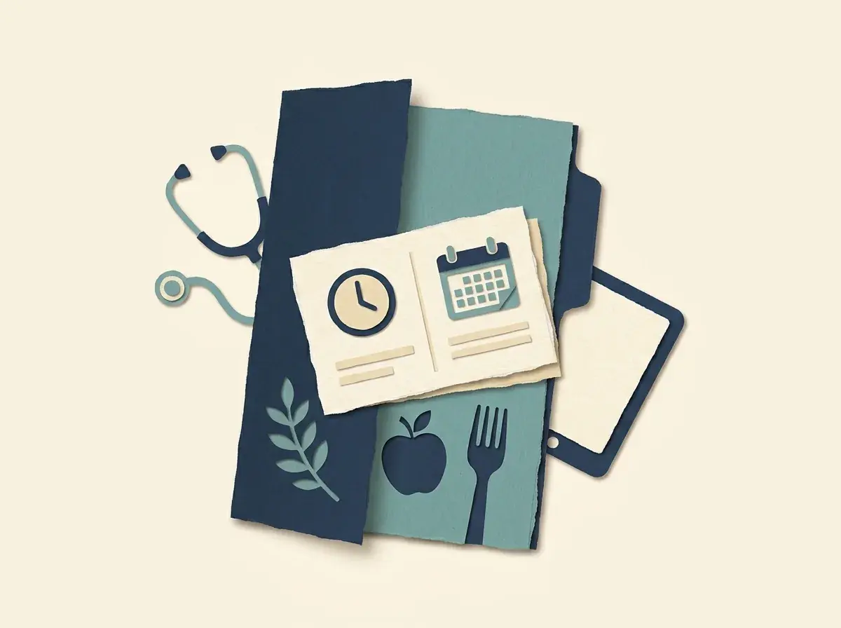 Client folders beside a clock, calendar and food symbols.