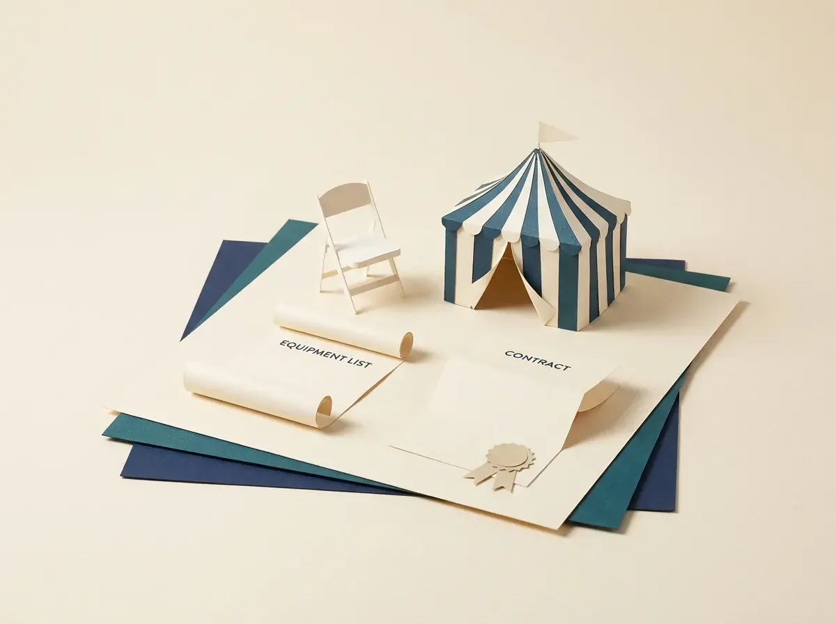 A party tent and folding chair beside rental agreement papers.