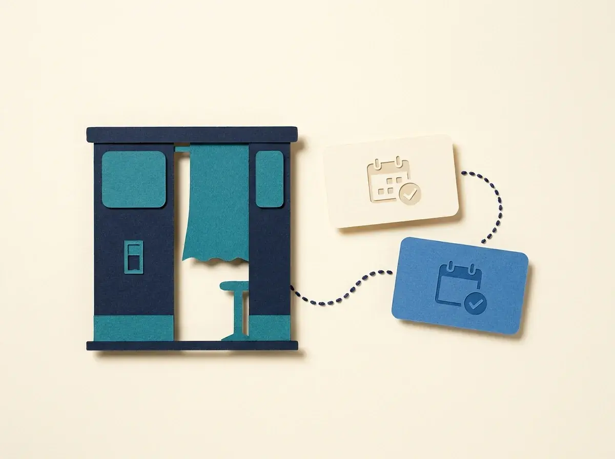 A photo booth connected to a calendar and booking folder.