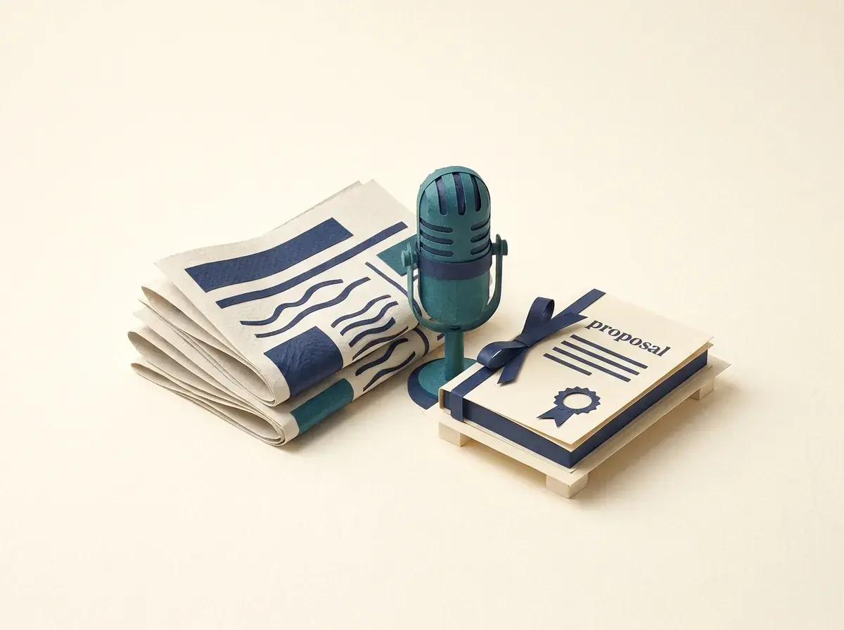 A microphone sits beside a stack of newspapers and a proposal booklet.
