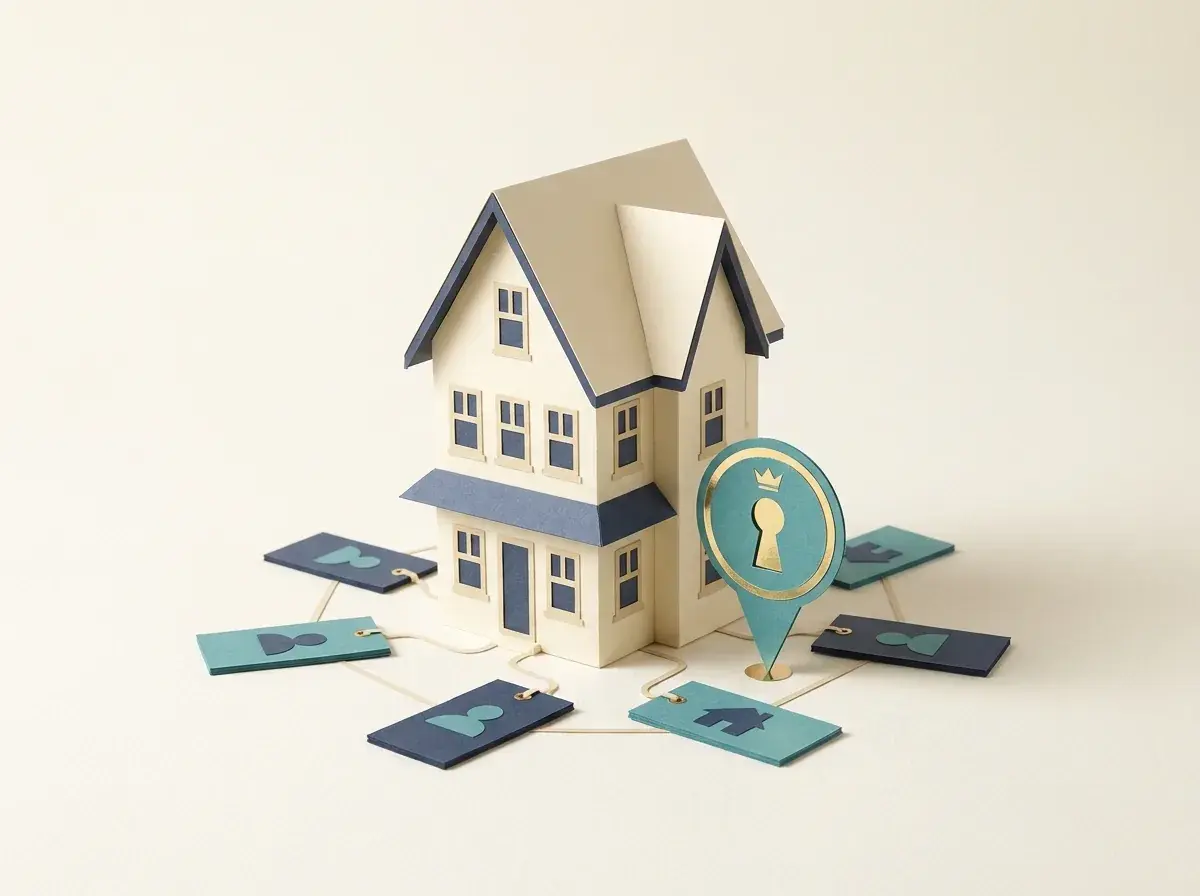 A model house, profile cards and a key symbol.