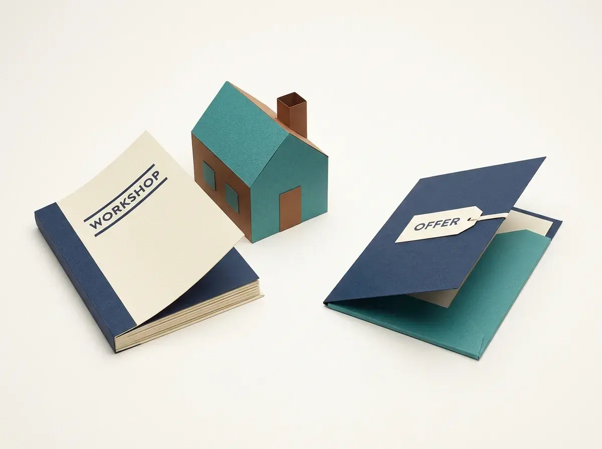 A workshop book beside a house model and a separate offer folder.