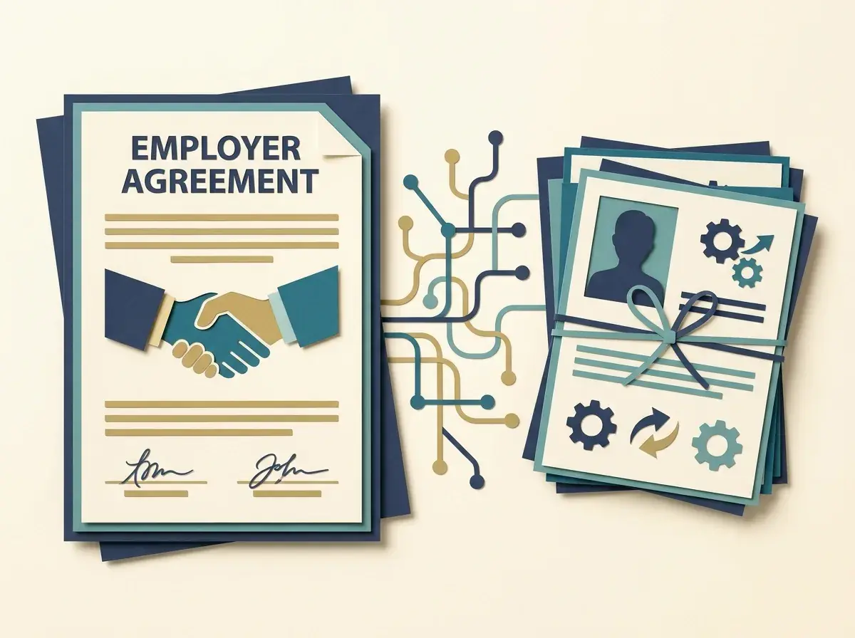 An employer agreement beside a separate stack of candidate profile cards.