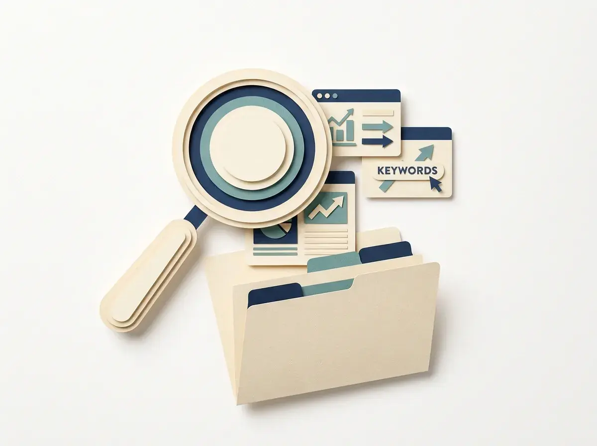A magnifying glass sits above website charts and a client folder.