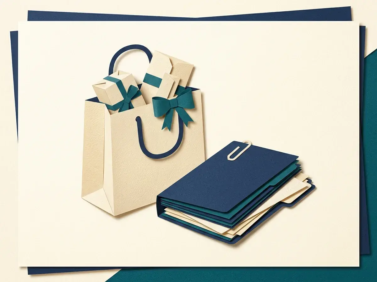 A shopping bag with ribbons beside stacked client folders.