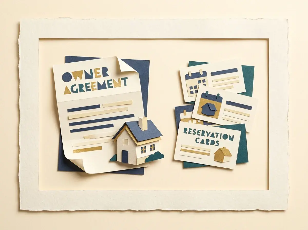 A rental agreement and reservation cards beside a miniature house.