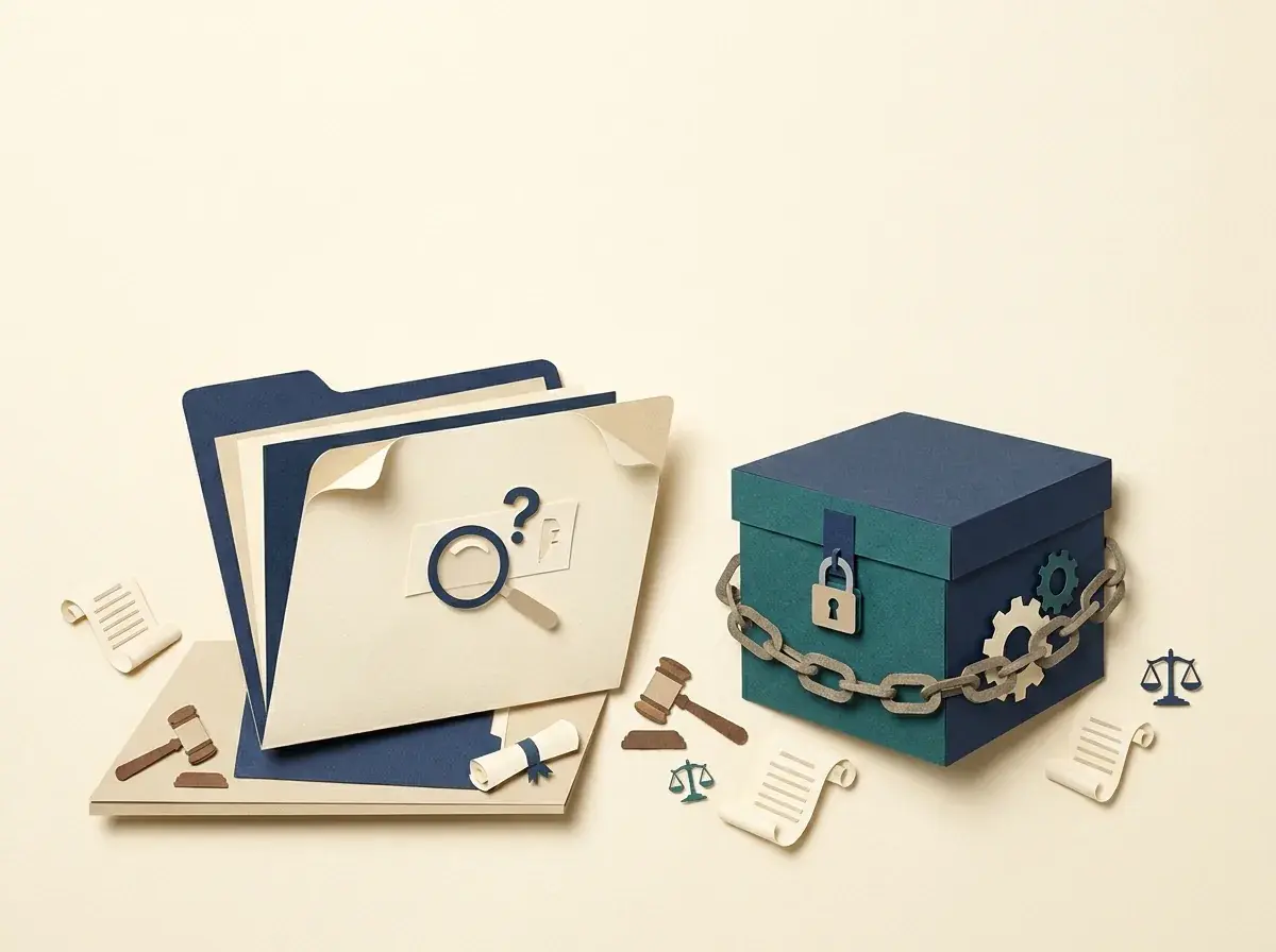 An inquiry folder sits outside a separate locked legal archive.