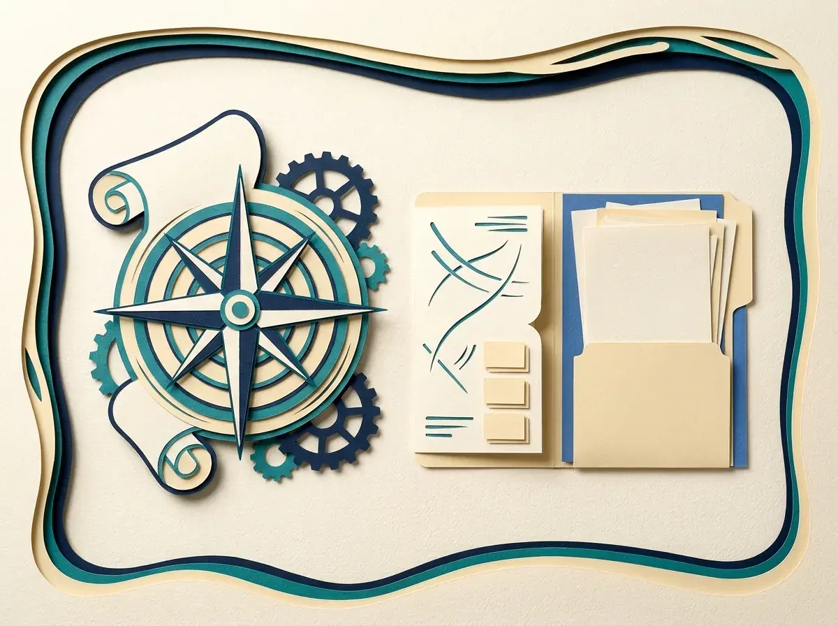 A tattoo design motif beside a project checklist and folder.