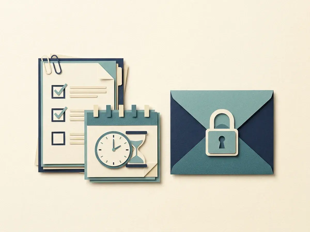 A document checklist beside a deadline calendar and a locked folder.