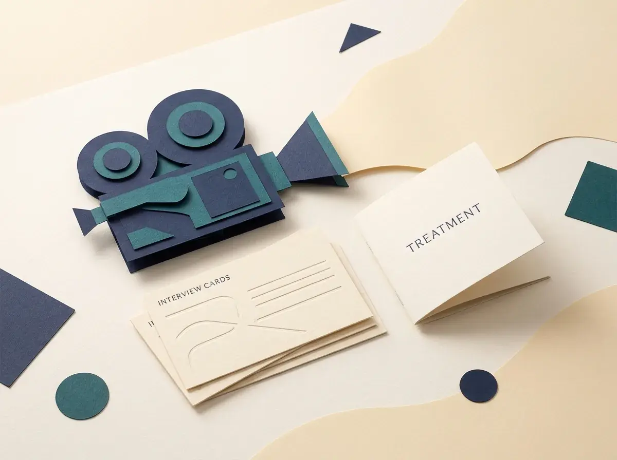 A paper film camera rests on an open treatment booklet with an interview card.