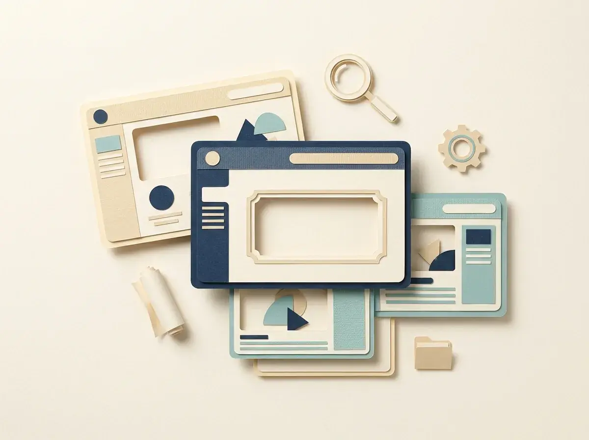 Website layout cards with a prominent empty content slot and design tools.