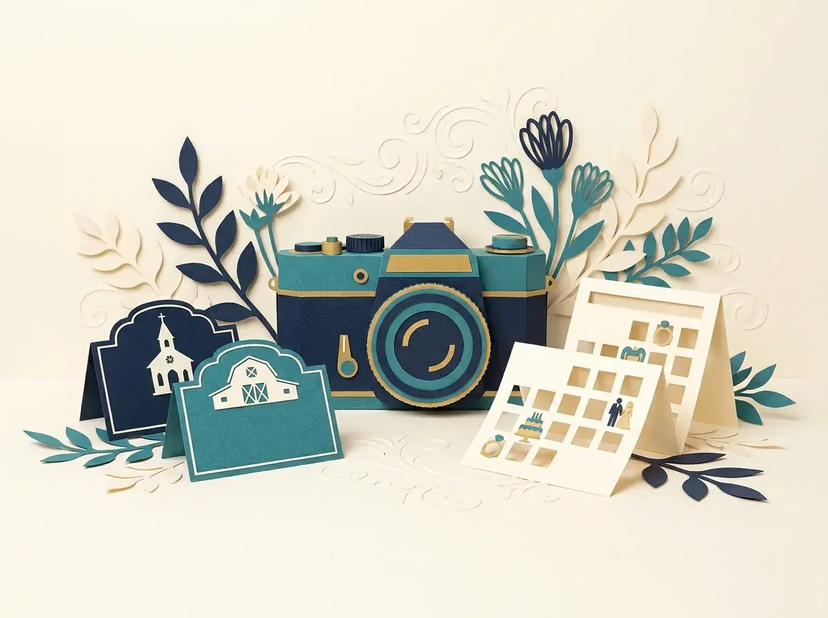 A camera, two venue cards and a calendar surrounded by paper flowers.