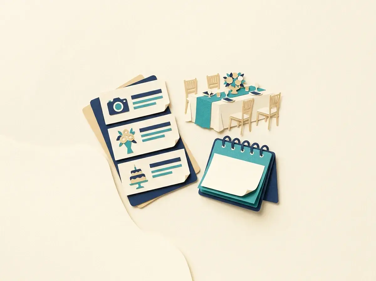 Wedding vendor cards beside a decorated table and desk calendar.