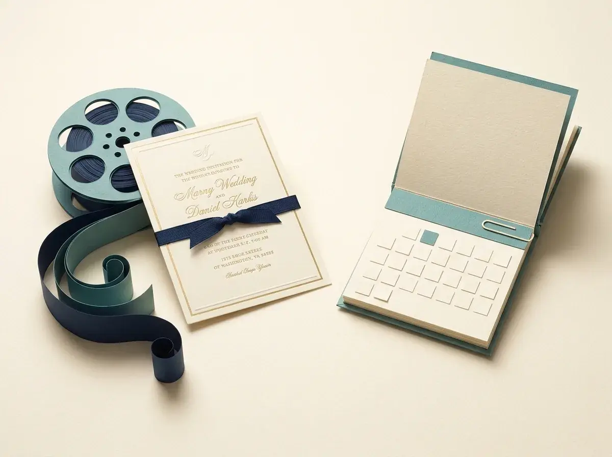 A film reel and wedding invitation beside a standing calendar.