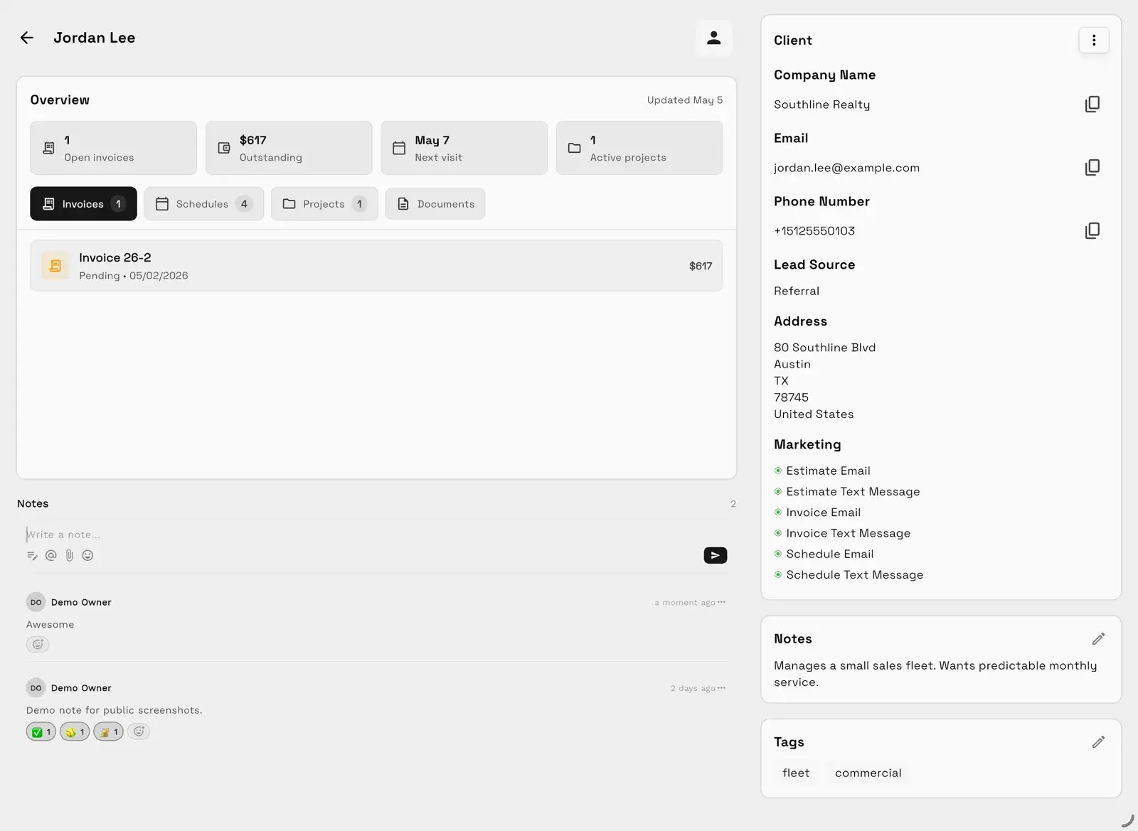 Workspace369 demo client record with invoice, schedule, project and document tabs