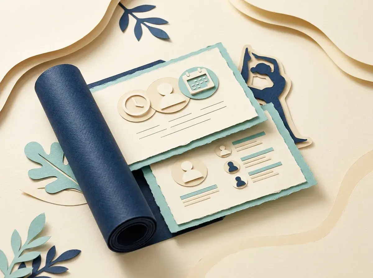 A rolled yoga mat beside appointment and class cards.