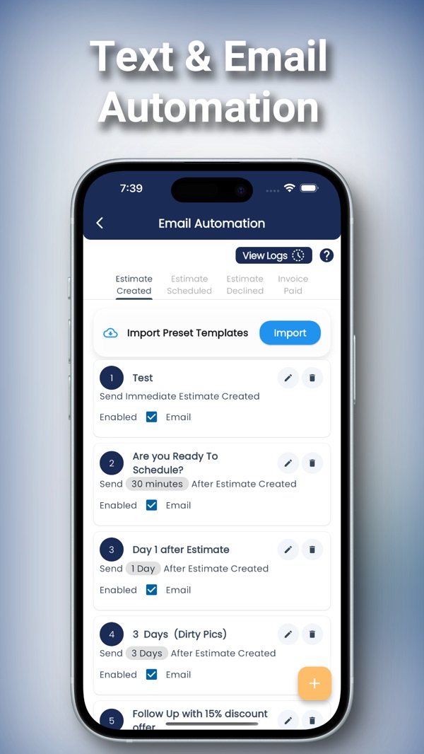 QuoteIQ email automation on iPhone: follow-up emails sent at set times after an estimate is created