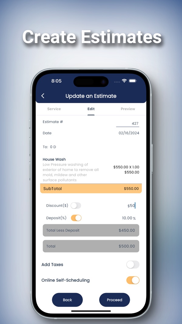 QuoteIQ estimate editor on iPhone: a house wash line item with a discount, a 10% deposit and online self-scheduling turned on
