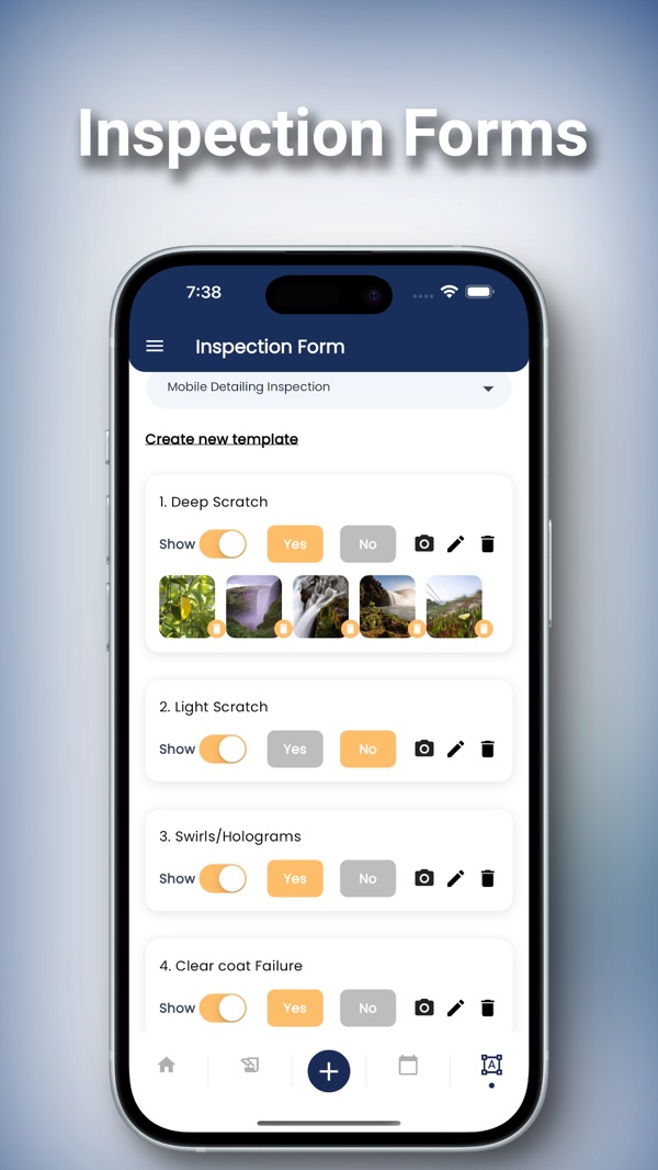 QuoteIQ inspection form on iPhone: yes or no checks, with photos attached to an item